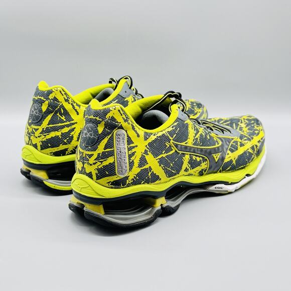 Mizuno Shoes Mens 14 Gray Yellow Paint Splatter Wave Creation 16 Running Sneaker - Picture 8 of 12